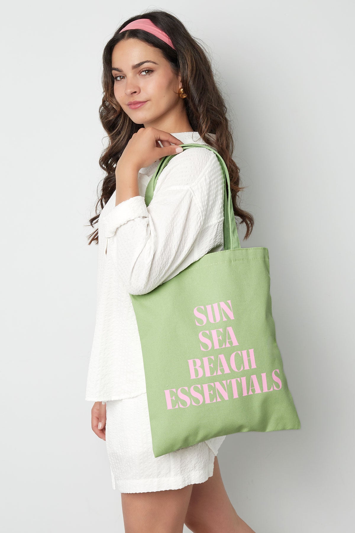 Canvas shopper - sun sea beach groen/roze